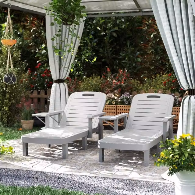 Outsunny Set of 2 Grey Resin Reclining Sun Loungers with Armrests and Side Trays
