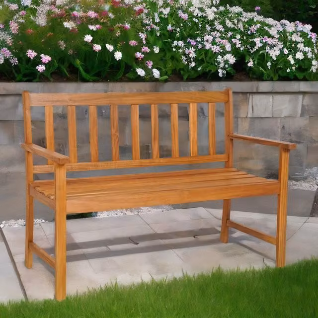 FURNOS Acacia Wood 2 Seater Outdoor Bench with Armrests in Natural Brown and Beige