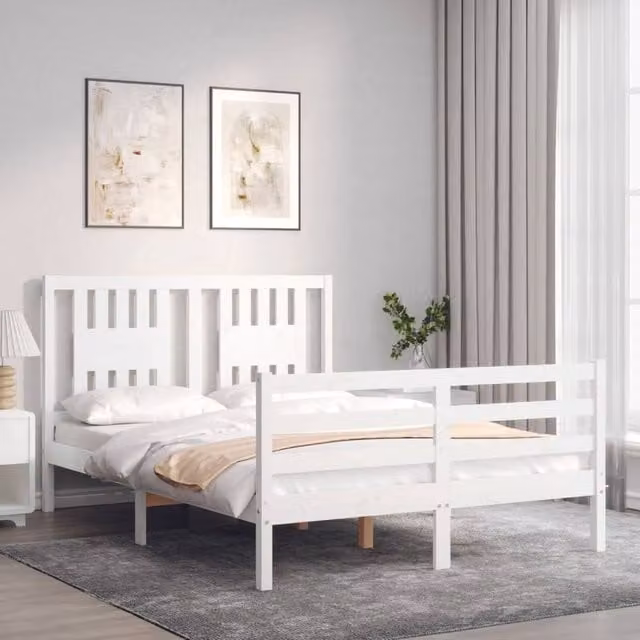 Berkfield Home Beautiful Solid Wood Bed Frame with Headboard in White, W/D/H: 140 x 190 cm