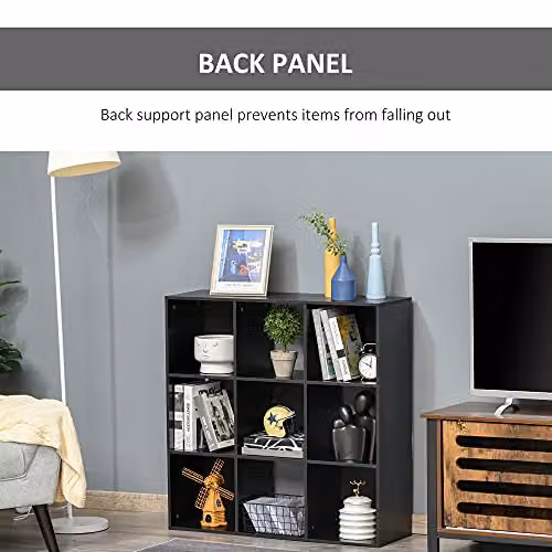 HOMCOM 3-Tier 9-Cube Storage Cabinet and Bookshelf in Black – 6