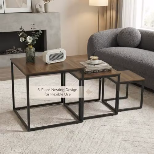 Alivio 3-Piece Industrial Nesting Coffee Table Set with Wood Tops and Black Metal Sled Base, Brown – 10