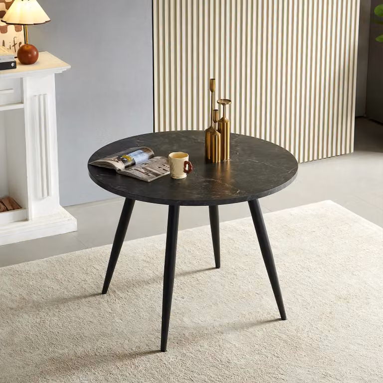 SONARA Round Rustic Wood Dining Table with Black Metal Legs, Diameter: 100 cm, Height: 75 cm