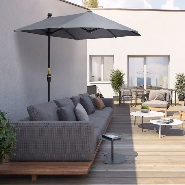Outsunny 2m Half Parasol Market Umbrella for Garden and Balcony in Dark Grey