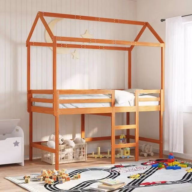 Berkfield Home Loft Bed Frame in Waxed Brown Solid Pine Wood, W/D/H: 90 x 190 cm