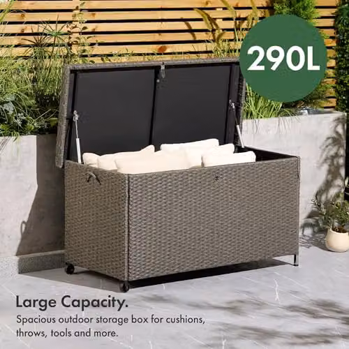VonHaus Bali Grey Rattan Garden Storage Box, 290L Weatherproof Outdoor Container with Lockable Lid and Waterproof Liner – 2