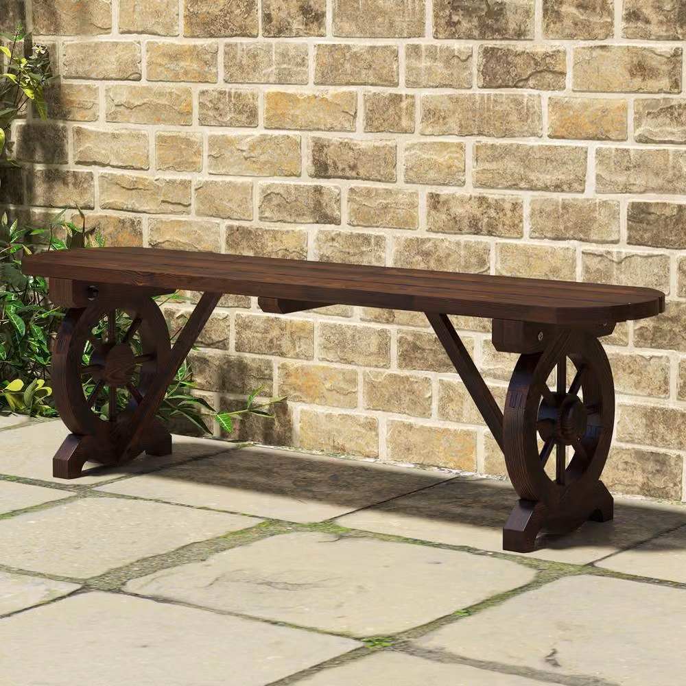 Costway 2-Seat Curved Garden Dining Bench in Brown Carbonised Wood with Wagon Wheel Base – 2