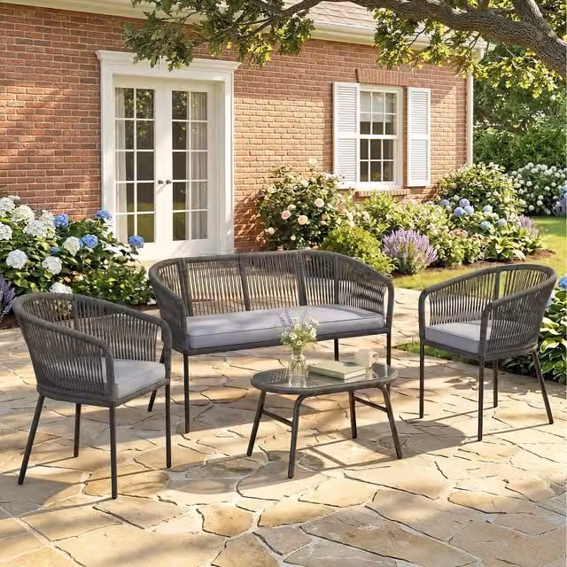 Outsunny Four Piece Rope Woven Garden Furniture Set with Upholstered Cushions in Grey