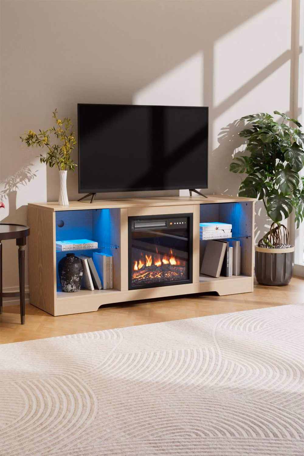 Living and Home Modern TV Stand with Adjustable Flame Electric Fireplace in Brown and Beige – 2