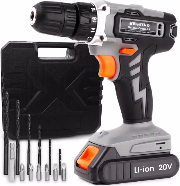 Terratek 20V Cordless Electric Screwdriver and Drill with Rechargeable Battery, Grey