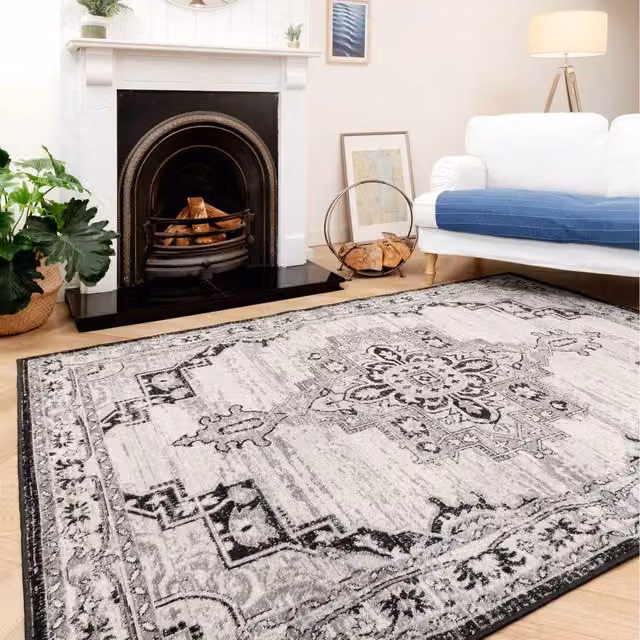 The Rug House Grey and Black Traditional Medallion Oriental Vintage Living Area Rug, 150 cm