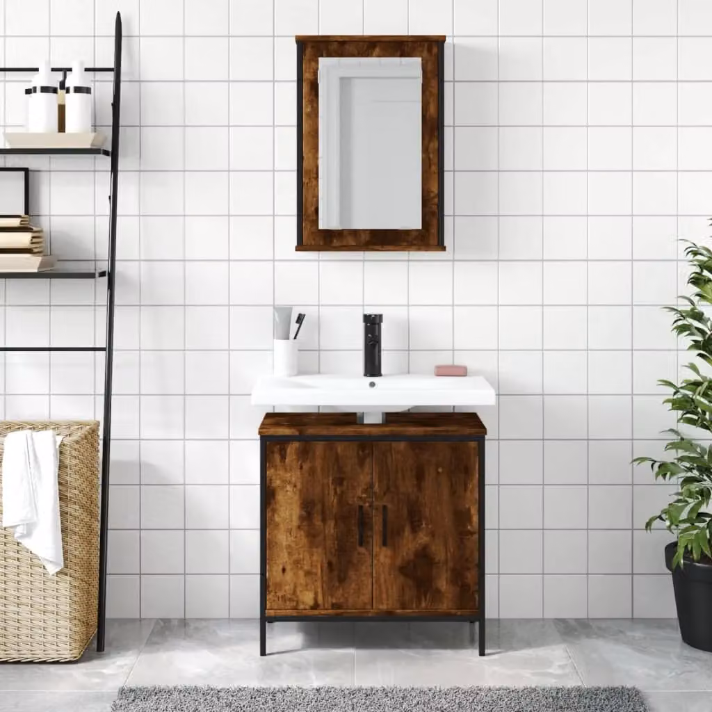 Berkfield Home 2 Piece Bathroom Furniture Set in Smoked Oak Brown featuring Mirror Cabinet and Vanity Unit – 3