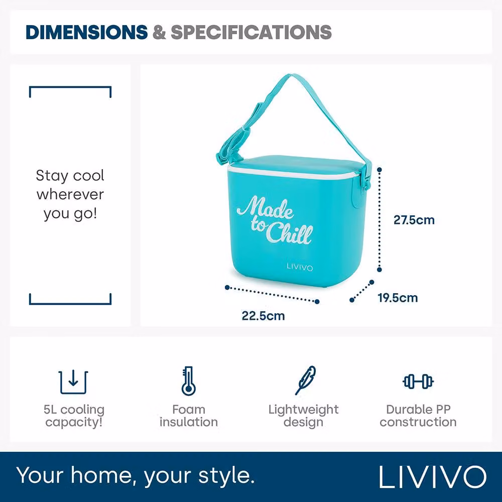 LIVIVO 5L Portable Insulated Cool Box with Strap in Turquoise – 5