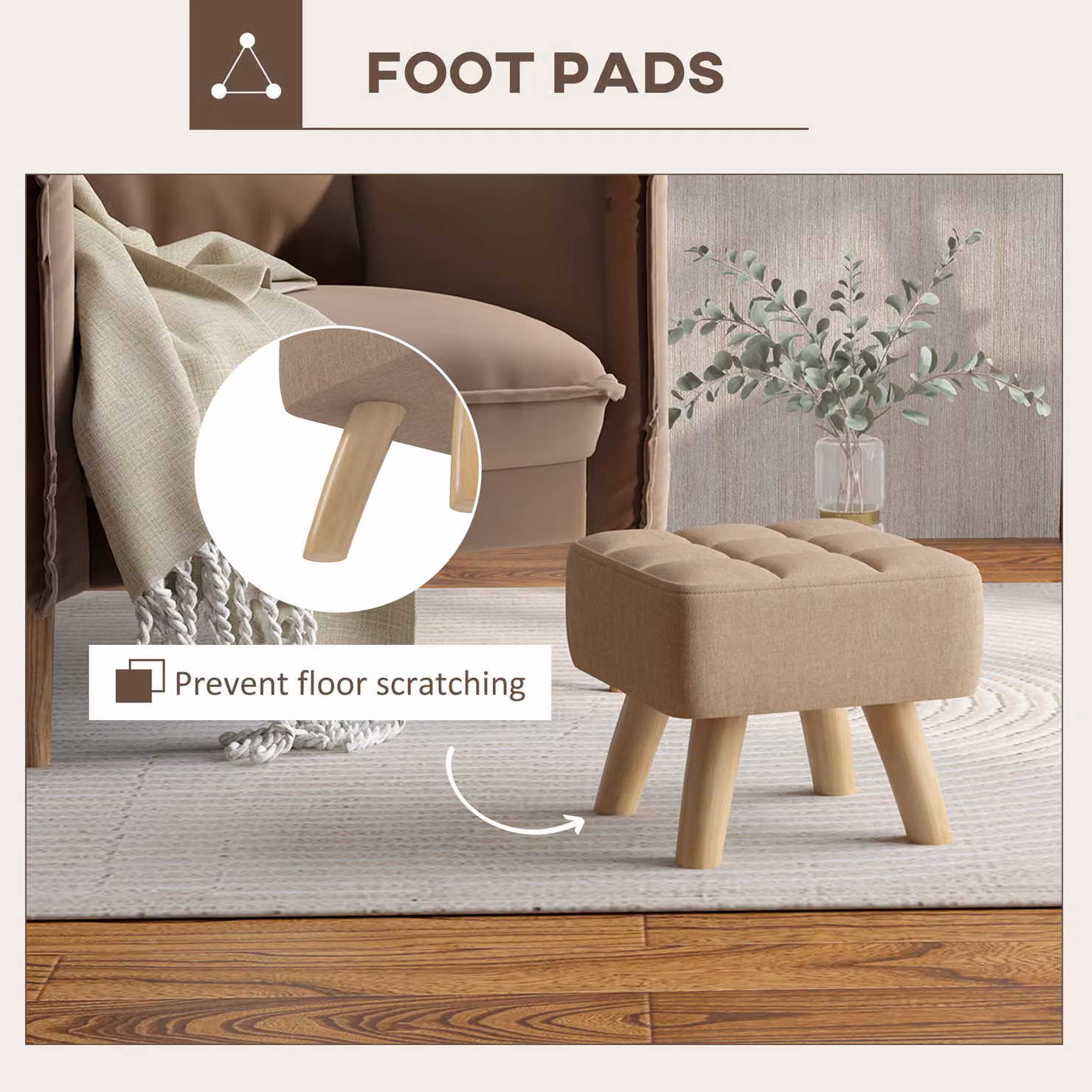 HOMCOM Modern Tufted Fabric Footstool with Rubberwood Legs in Light Brown – 4