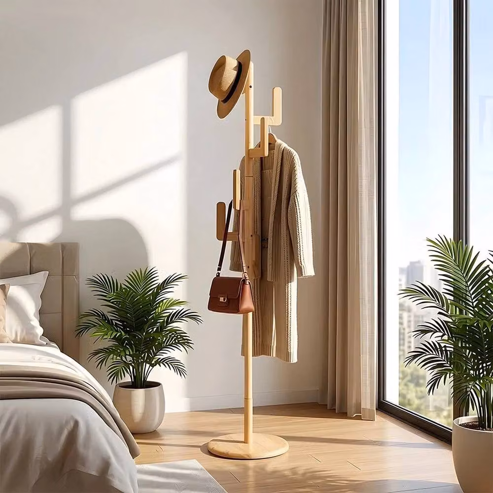 VOGREX Wooden Tree Coat Stand with Hooks in Natural Sand Rubberwood, Height: 173.0 cm, Width: 35.0 cm – 3