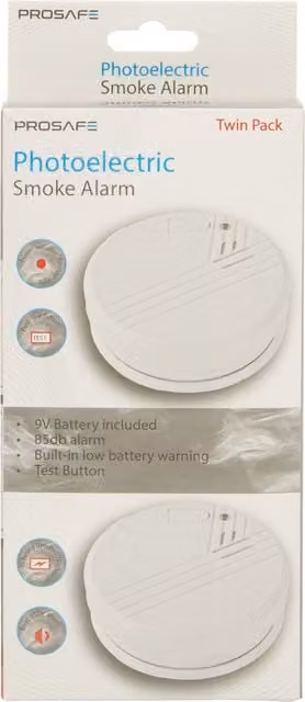 PROSAFE Photoelectric Battery Operated Smoke Alarm, White, Pack of 2