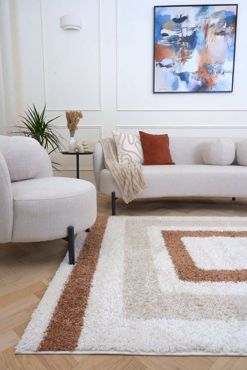 THE RUGS Moodi Border Design Shaggy Soft High Pile Round Living Room Rug in Terracotta, Diameter: 120 cm – 1