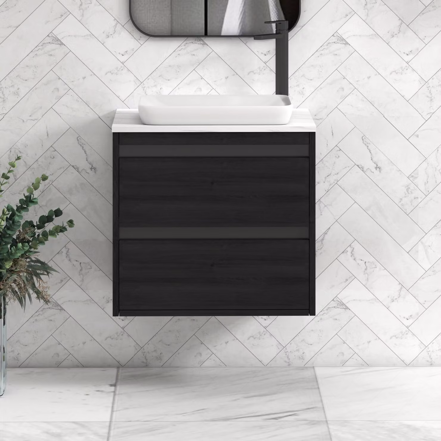 Royal Bathrooms Orion 600mm Hale Wall Hung Vanity Unit with Qubix Basin in Black and Carrara White