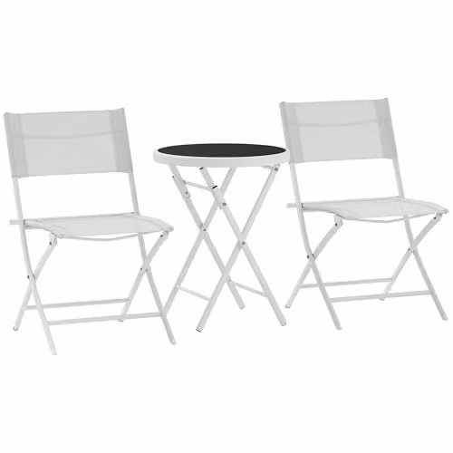 Outsunny 3 Piece Outdoor Bistro Set with Round Glass Top Table and 2 Folding Chairs in White – 1