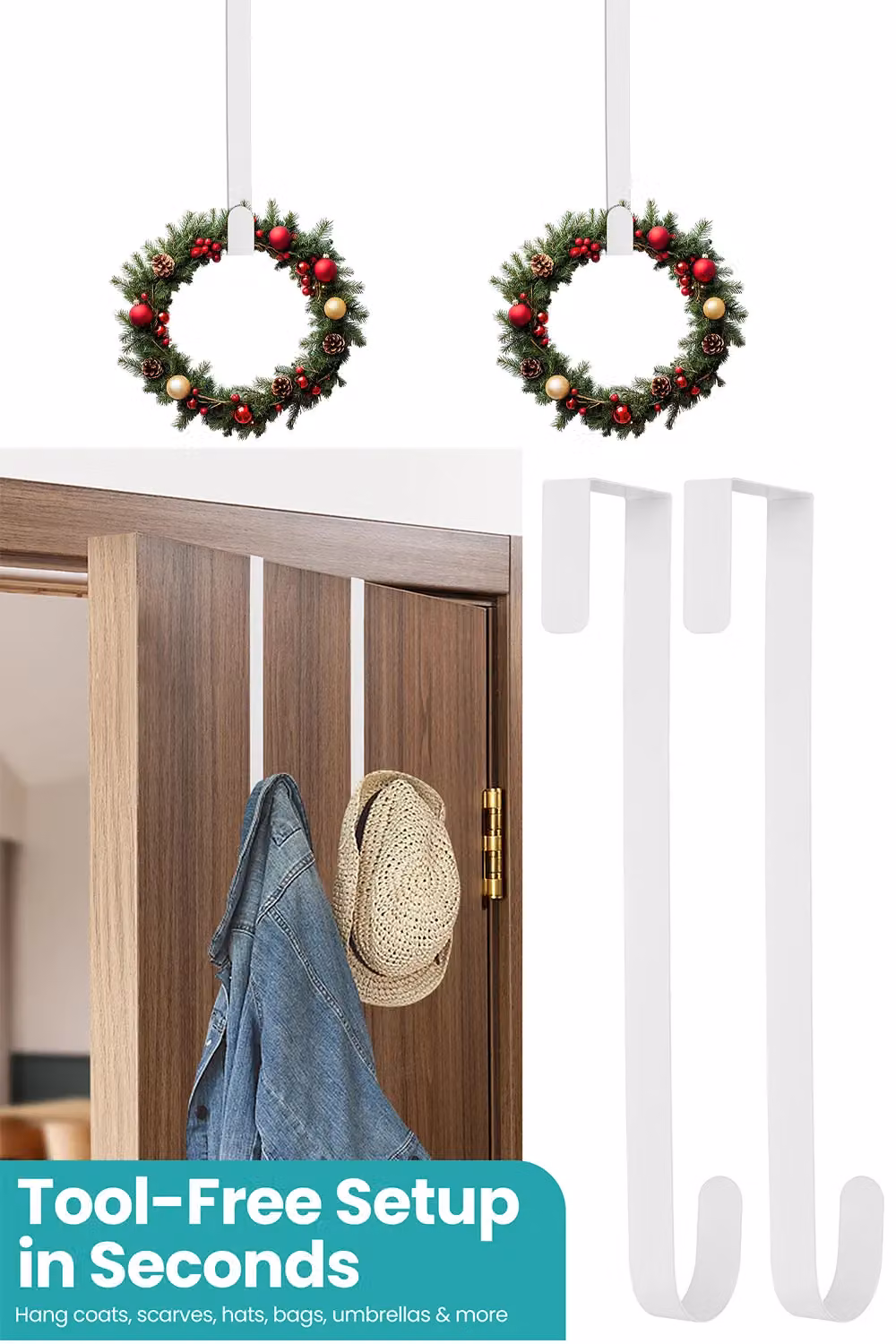 Neel Blue 2-Piece White Metal Wreath Door Hanger Set with Adjustable Hooks, 30.5 cm Diameter – 3