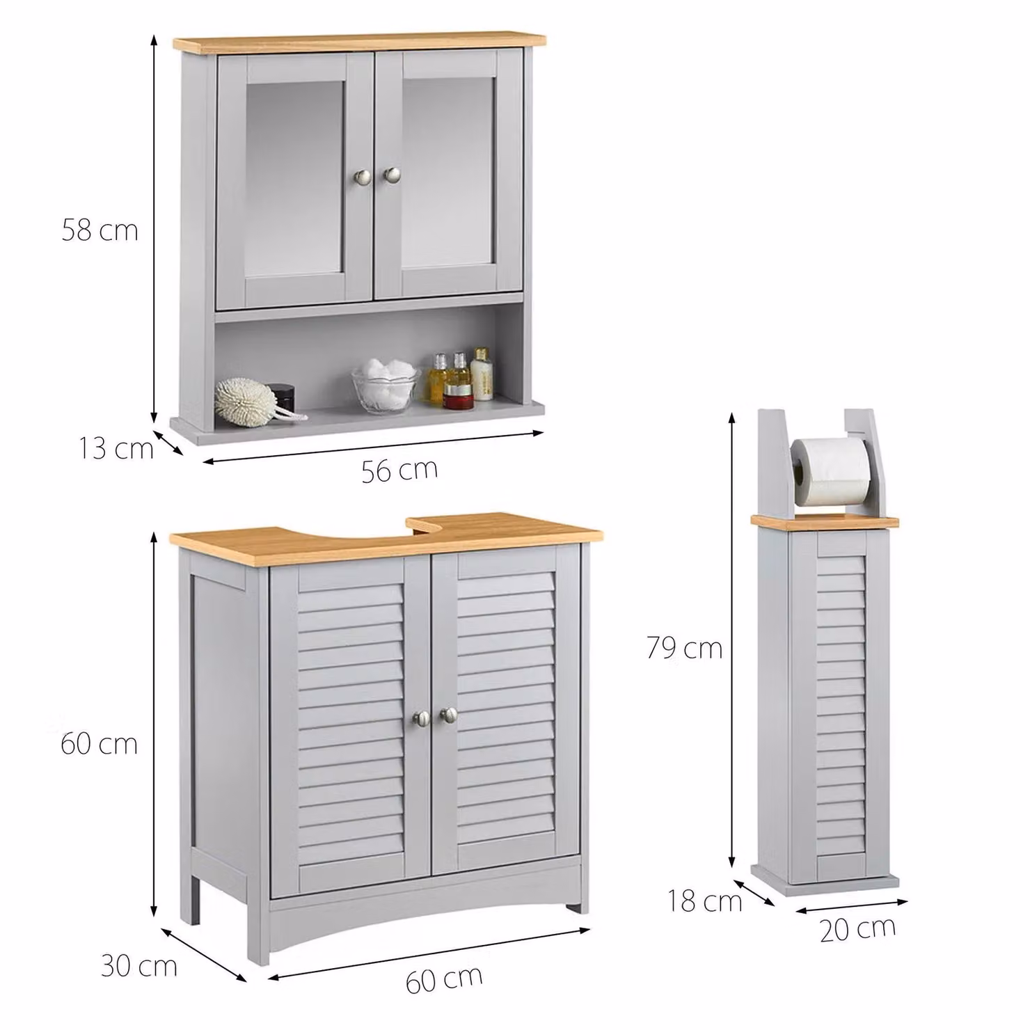 CARME HOME Atlanta 3 Piece Grey Bathroom Furniture Set with Sink Storage Cabinet and Mirror – 2