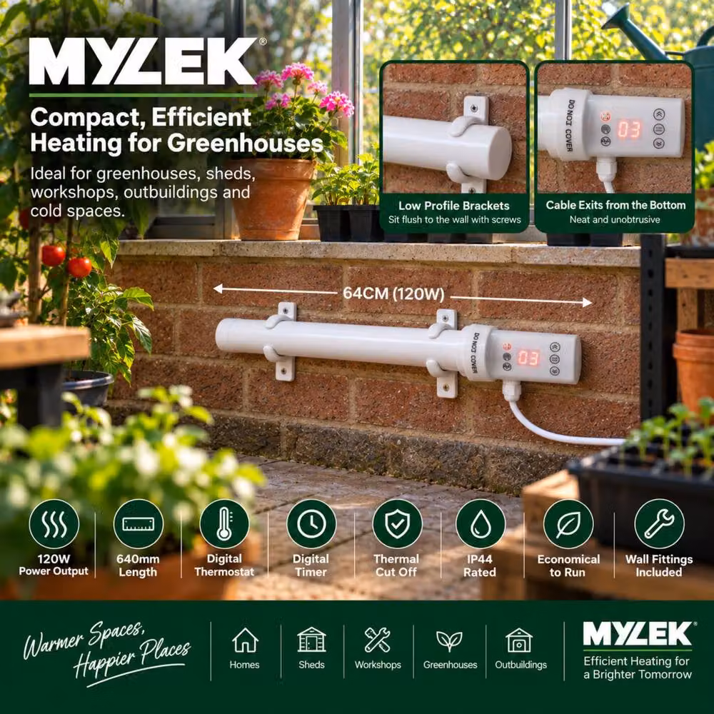 MYLEK White Wall Mounted Tubular Heater with Digital Timer and Frost Protection, 120W – 7