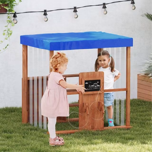 Costway Outdoor Gas Station Playset with Canopy in Blue and Brown