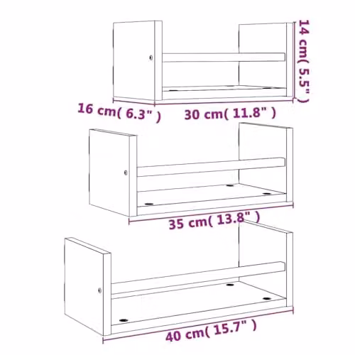 vidaXL 3 Piece Wall Shelf Set with Bars in Smoked Oak Brown, W/D/H: 40 x 14 x 16 cm, 40 x 14 x 14 cm, 40 x 14 x 14 cm – 3