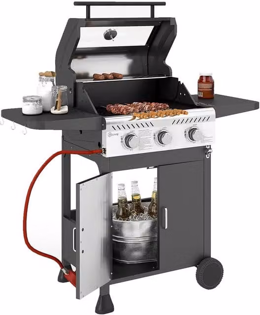 Rolipo 7.5kW Three Burner Gas BBQ Grill with See-Through Lid and Thermometer, Black – 1