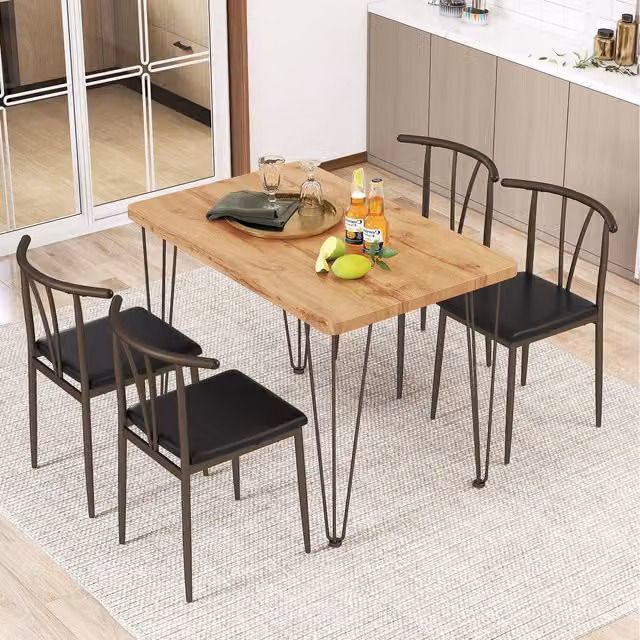 Costway 5-Piece Industrial Rectangular Kitchen and Dining Room Table Set with Wood and Metal Live Edge Design in Brown