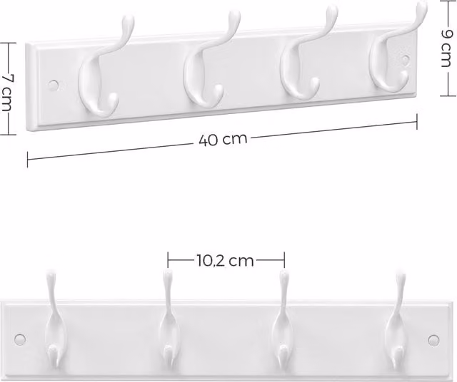 SONGMICS Set of 2 White Matt Metal Wall-Mounted Coat Racks with Distributed Point Hooks