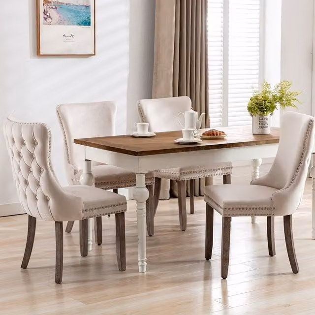 Home Touch Interiors Shalon Velvet Upholstered Dining Chairs with Tufted Wing Back in Beige and White