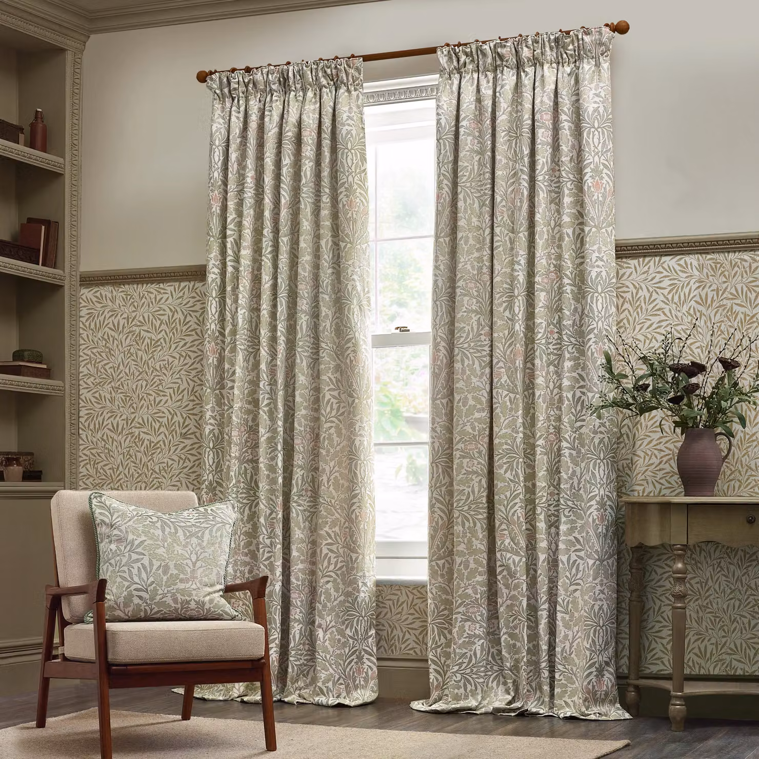 Morris & Co. Acorn Multi Floral Jacquard Chenille Pencil Pleat Curtains, Stone and Sage, Width: 229 cm, Drop: 229 cm – 2
