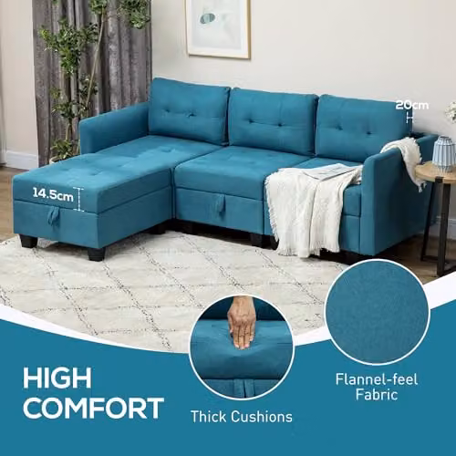 HOMCOM Reversible L-Shaped Modular Sectional Sofa with Storage and Ottoman, Blue Fabric 3 Seater Sofa with Sleeping Function and Solid Wood Frame, W/D/H: 213.0 x 158.0 x 85.0 cm – 5