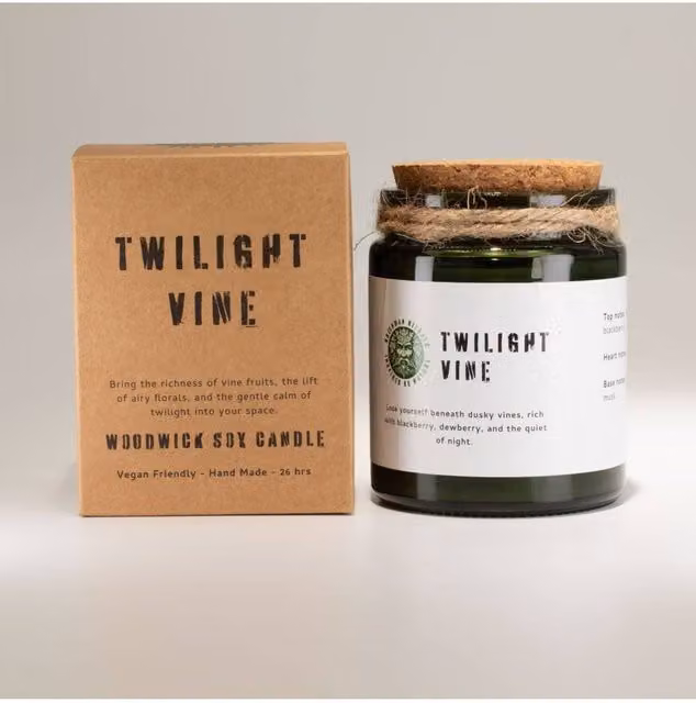 KDMD Twilight Vine Woodwick Soy Candle in a Green Glass Jar with Floral and Fruity Scents