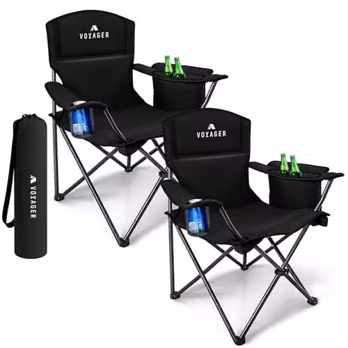 Voyager 2 Pack Folding Camping Chairs with Cooler Bag in Black – 1