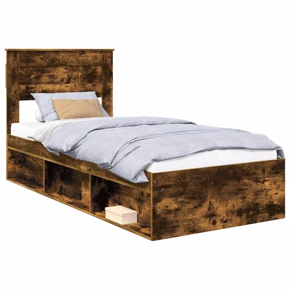Berkfield Home Bed Frame with Storage in Smoked Oak and Brown Solid Pine Wood, W/D/H: 100 x 200 cm – 2