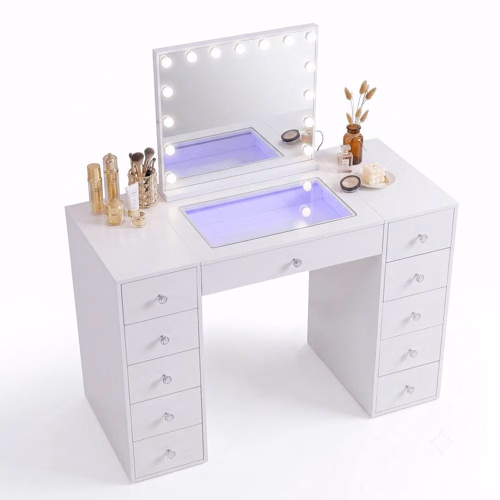 FENCHILIN 11-Drawer White Dressing Table with 15 LED Hollywood Mirror and RGB Lighting – 2