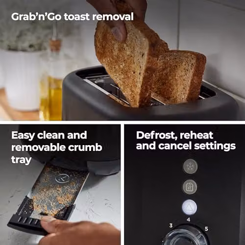 Kenwood Ripple 2-Slice Toaster in Midnight Black with 7 Browning Settings, Reheat, Defrost and Cancel Functions, 850W – 6