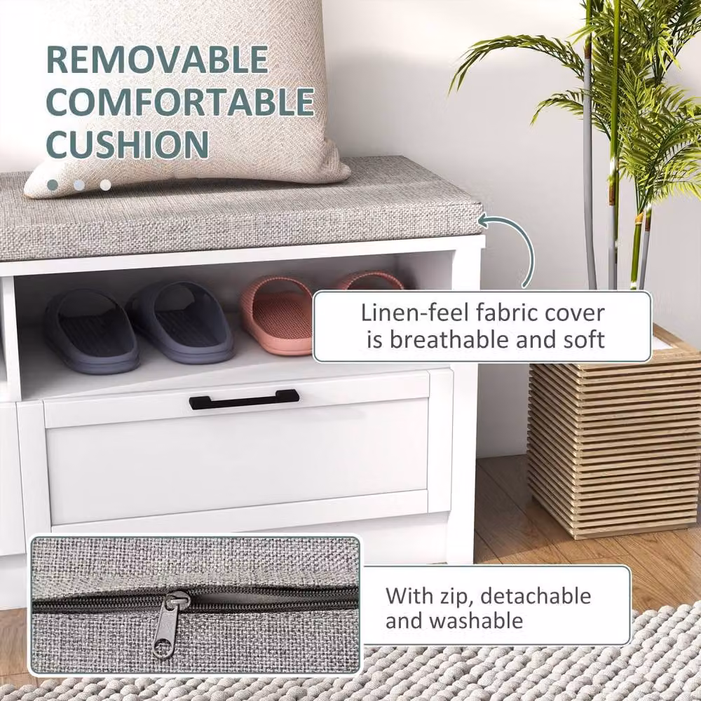 Wyld Haus Noma White Shoe Bench with Grey Fabric Cushion, 2 Shelves and 2 Drawers – 4