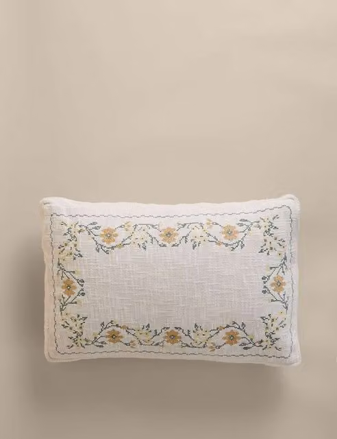 M&S Pure Cotton Floral Stitch Square Box Cushion in Beige and Multicolour