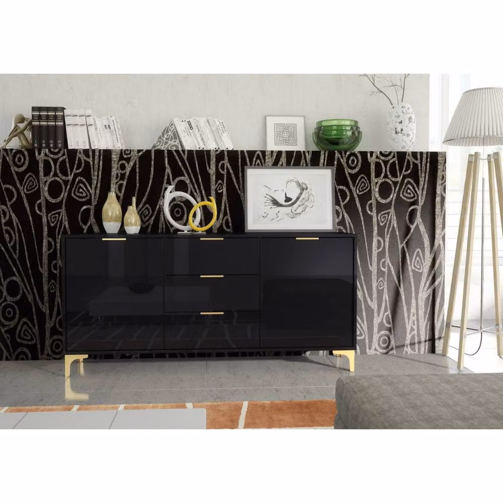 Mex Furniture LTD Goldline Glossy Black and Gold Sideboard, W: 140 cm, H: 80 cm, D: 35 cm – 2