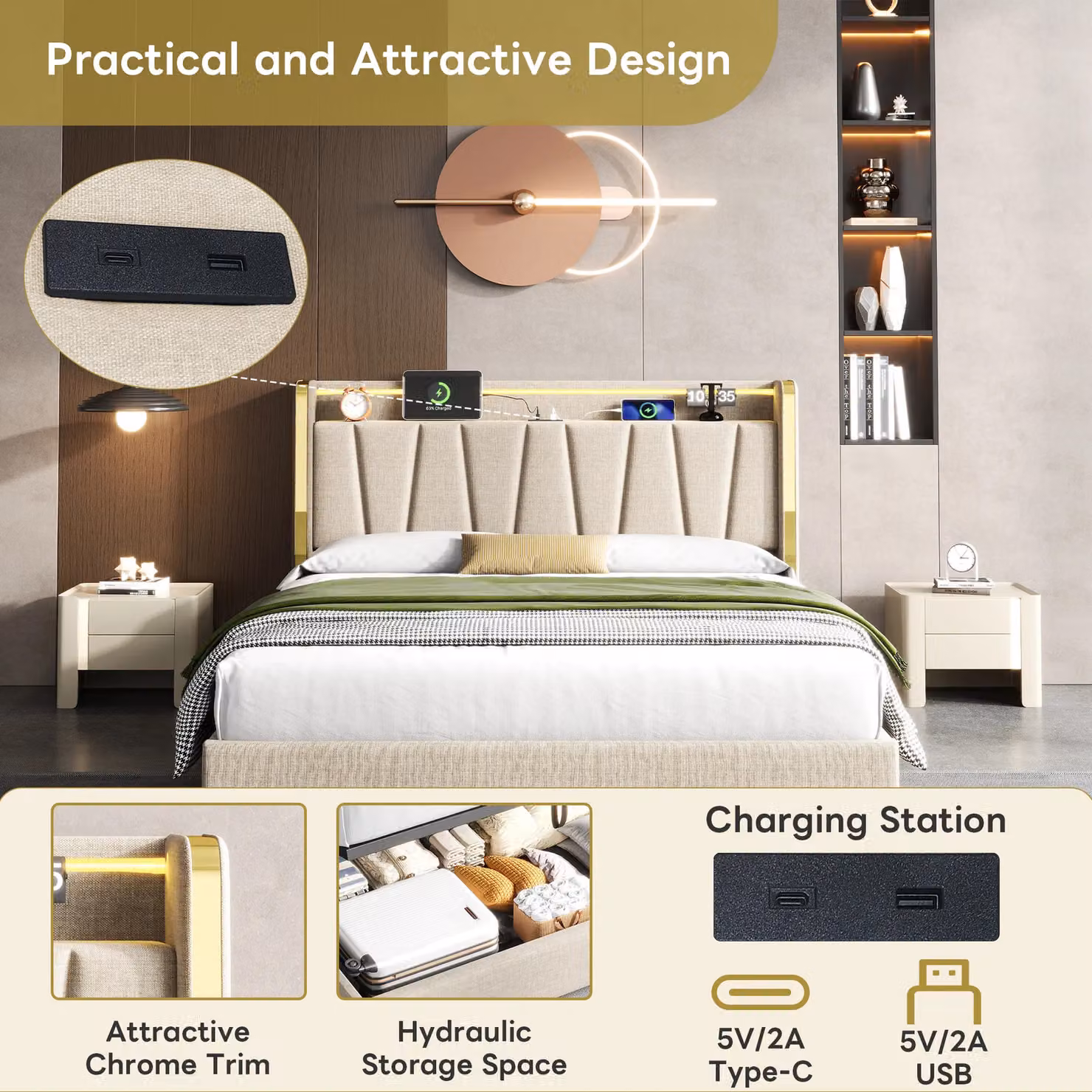 Matteo Double Upholstered Bed Frame with Hydraulic Storage, LED Headboard and USB-C Charging in Beige Linen – 4
