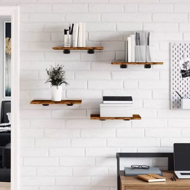 Berkfield Home Set of 4 Durable Wall Mounted Shelves in Smoked Oak Brown, W/D/H: 40 x 30 x 1.5 cm
