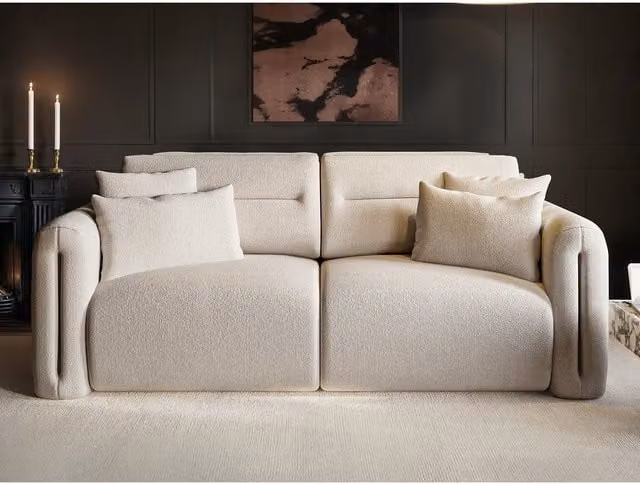 SolaceCo Mabel 3 Seater Modern Linear Sofa in Beige Bouclé Fabric
