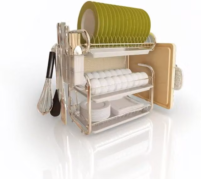 Modcraft 3 Tier Chrome Dish Drainer and Plate Holder with Drip Tray in White and Silver