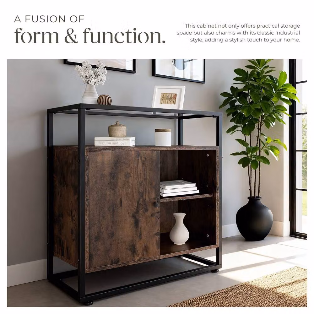 tectake Coventry Sideboard with Glass Tabletop and Open Shelves in Brown and Black – 4
