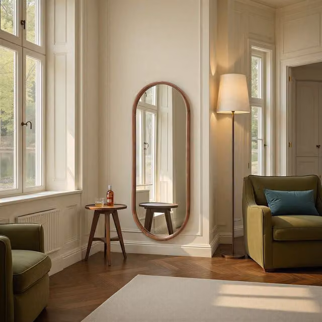 Yearn Oval Solid Oak Full Length Wall Mirror in Brown