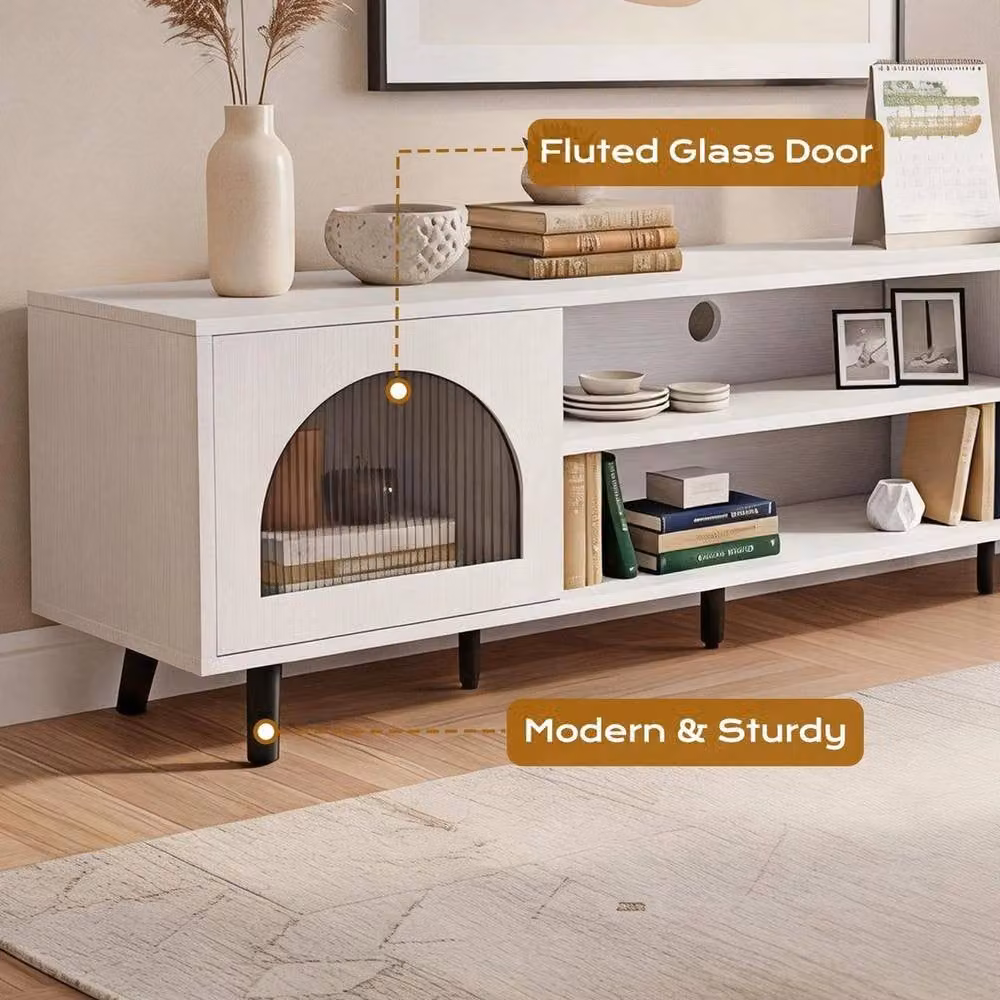 KORVIXA Modern White TV Stand Cabinet Unit with 2 Glass Doors and Integrated Lighting – 3