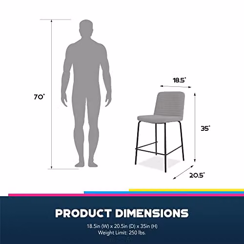 DHP Furniture Corey Counter Stool in Grey Fabric, W: 51 cm, D: 46 cm, H: 88 cm – 3