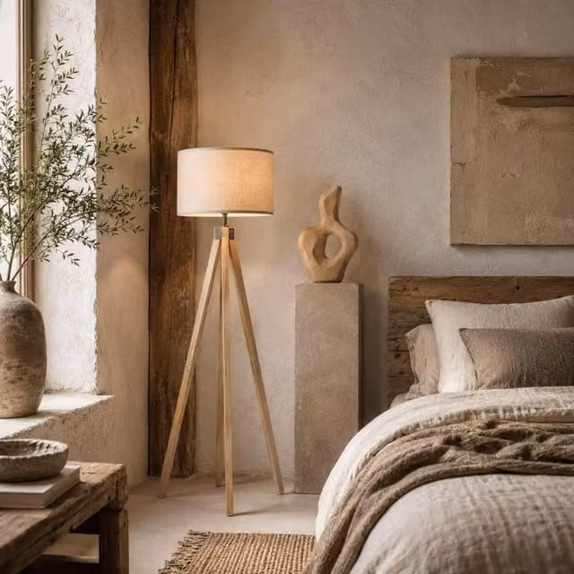 Wyld Haus Tare Tripod Floor Lamp with Beige Fabric Shade and Natural Wood Base, Height: 152 cm